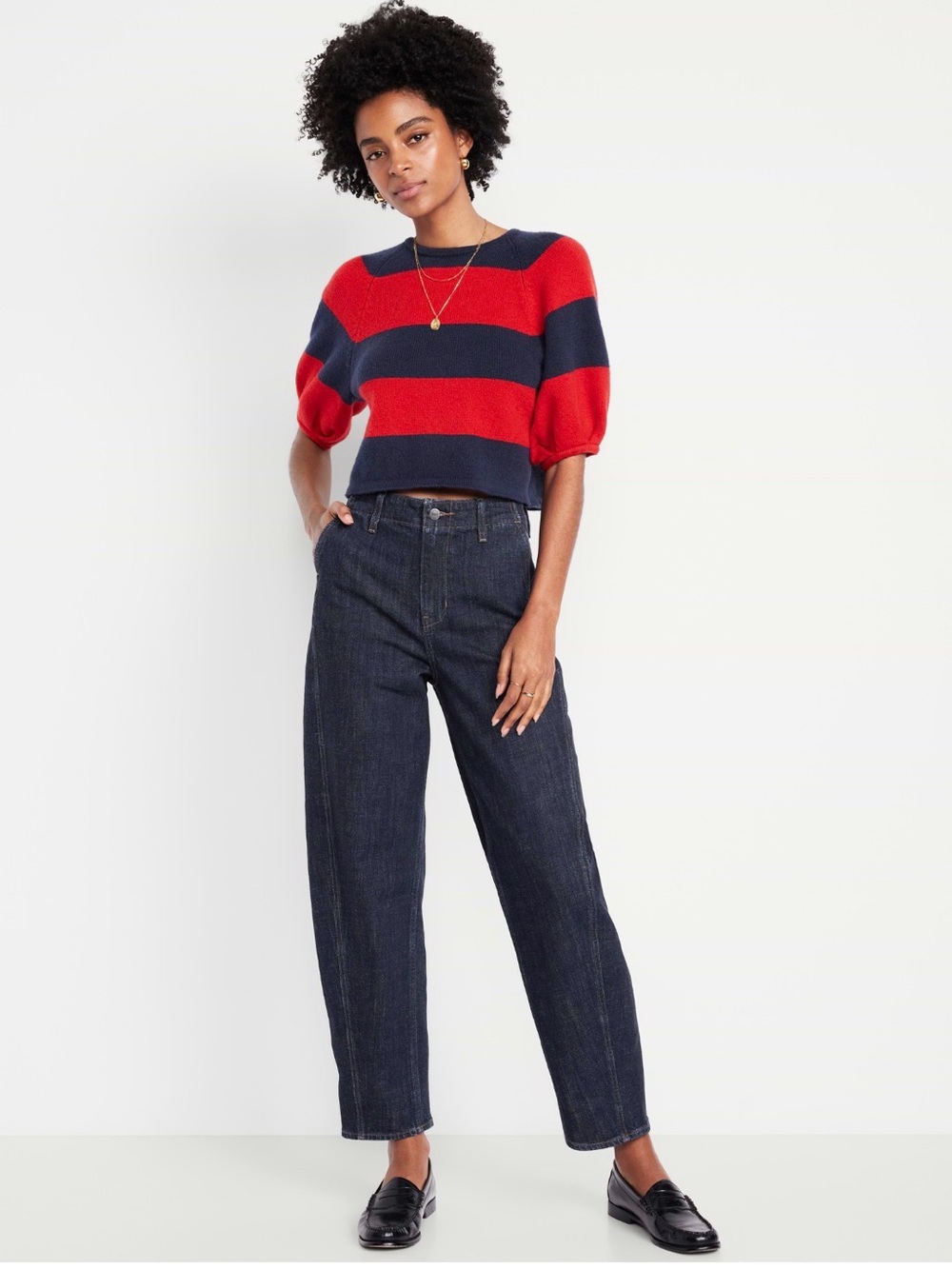 These jeans fit so well! Women’s High-waisted barrel Jeans in Dark Blue